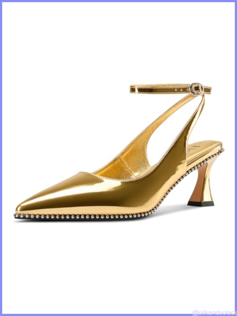 Womens Slingback Kitten Heels Beaded Pointed Toe Ankle Strap Formal Pumps